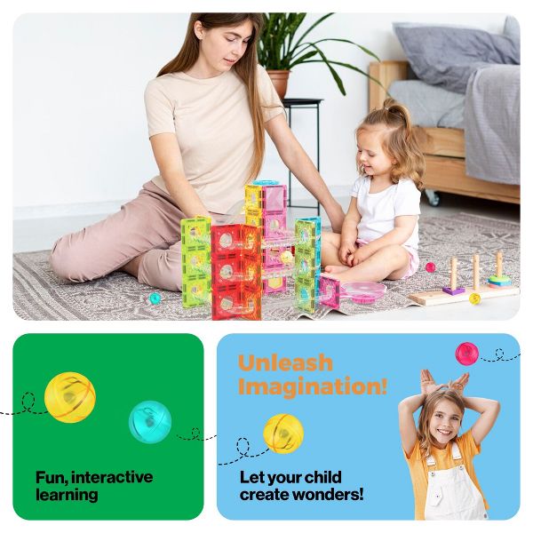 PICASSO-TILES Mini Marble Run Magnetic Tiles for Kids – 60PCS STEM Building Blocks Race Track, Educational Travel Construction Toy Set