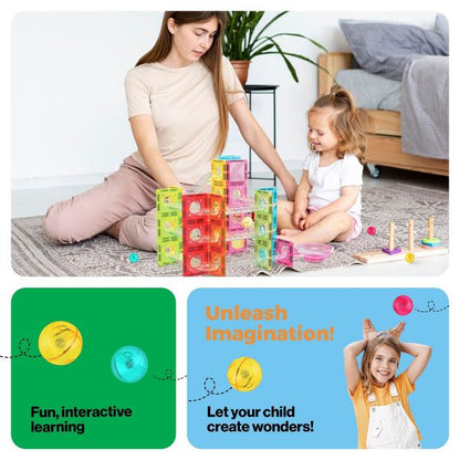 PICASSO-TILES Mini Marble Run Magnetic Tiles for Kids – 60PCS STEM Building Blocks Race Track, Educational Travel Construction Toy Set