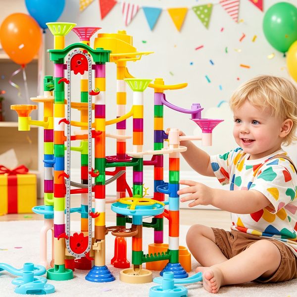 Joyfy 236Pcs Glowing Marble Run with Motorized Elevator, Construction Building Blocks Toys, STEM Toys Gifts for Boys Girls 3 4 5 6 7 8 Years Old