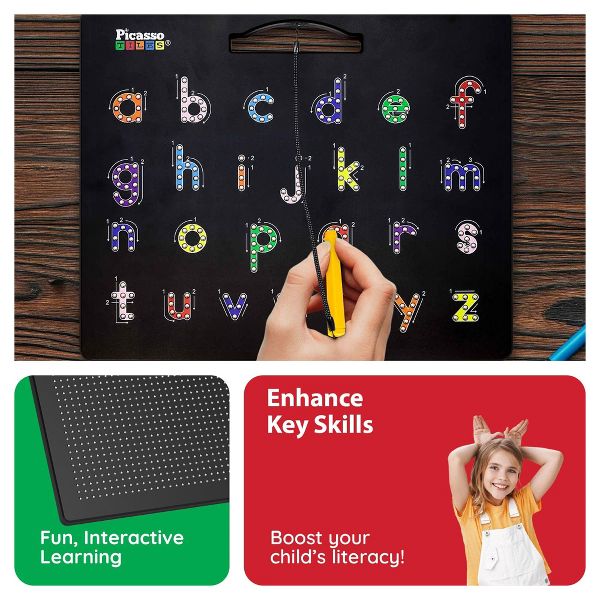 PICASSO-TILES 2-in-1 Magnetic Drawing Board 12x10 Inch Bead Pad with Alphabet & Math, STEM Educational Toy, Reusable Erasable Writing Tablet for Kids