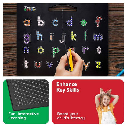 PICASSO-TILES 2-in-1 Magnetic Drawing Board 12x10 Inch Bead Pad with Alphabet & Math, STEM Educational Toy, Reusable Erasable Writing Tablet for Kids