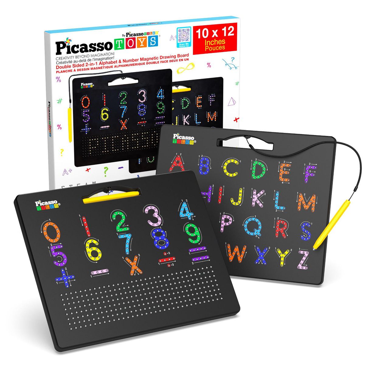 PICASSO-TILES 2-in-1 Magnetic Drawing Board 12x10 Inch Bead Pad with Alphabet & Math, STEM Educational Toy, Reusable Erasable Writing Tablet for Kids