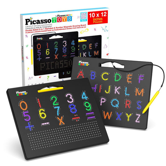 PICASSO-TILES 2-in-1 Magnetic Drawing Board 12x10 Inch Bead Pad with Alphabet & Math, STEM Educational Toy, Reusable Erasable Writing Tablet for Kids
