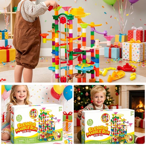 Joyfy 236Pcs Glowing Marble Run with Motorized Elevator for Kids Toddler Construction STEM Toys Easter Birthday Christmas Gifts for Boys Girls Age 3-8