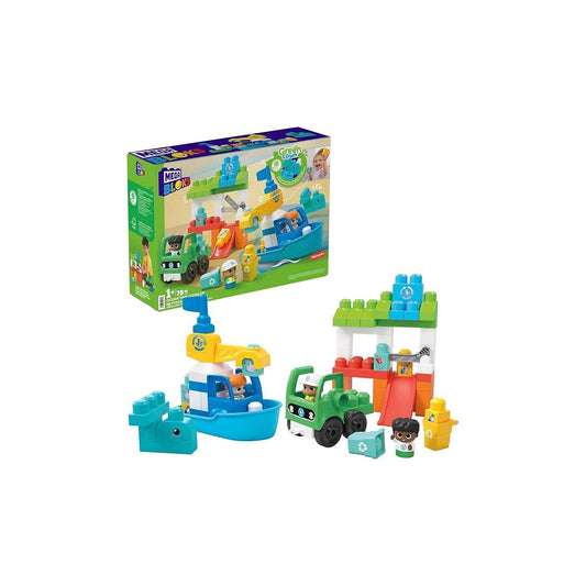MEGA BLOKS Fisher‑Price Green Town Ocean Time Clean Up Building Blocks Set 70 Pieces 3 Character Figures for Eco‑Friendly Toddler Play