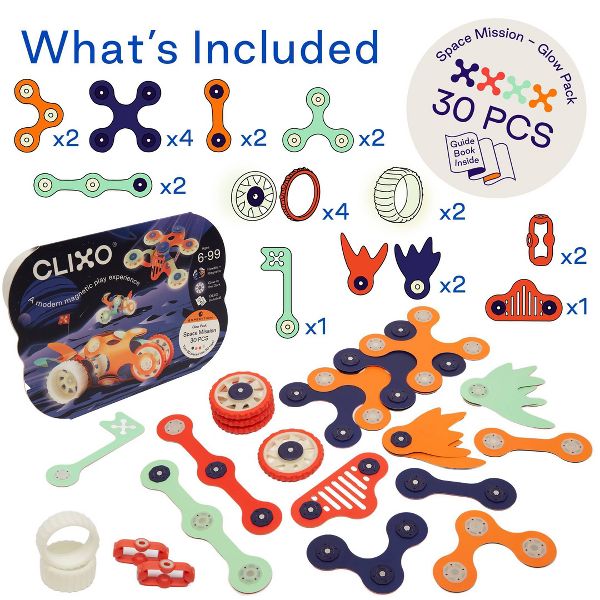 Clixo Space Mission Pack: Glow in the Dark Magnetic Building Toy 30pc for Ages 6+