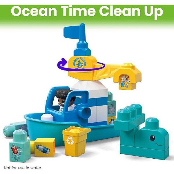 MEGA BLOKS Fisher‑Price Green Town Ocean Time Clean Up Building Blocks Set 70 Pieces 3 Character Figures for Eco‑Friendly Toddler Play