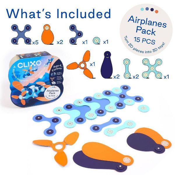 Clixo Airplanes Magnetic Set: 15 Flexible Piece STEM Building Set for Kids Ages 6+