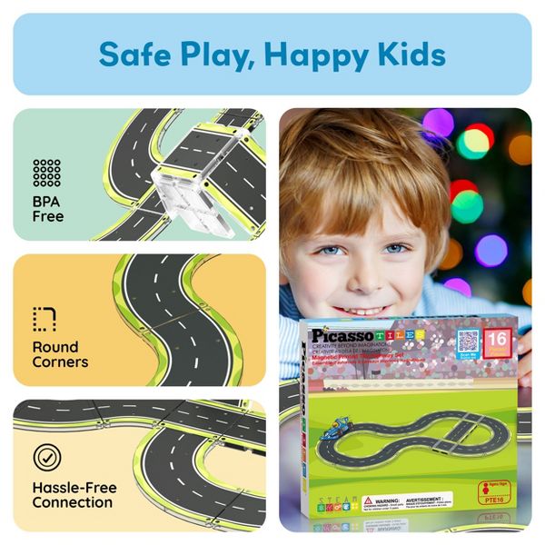 PICASSO-TILES Race Track Highway Magnetic Tiles Set for Kids, STEM Building Blocks, Educational Toy, Creative Construction Playset