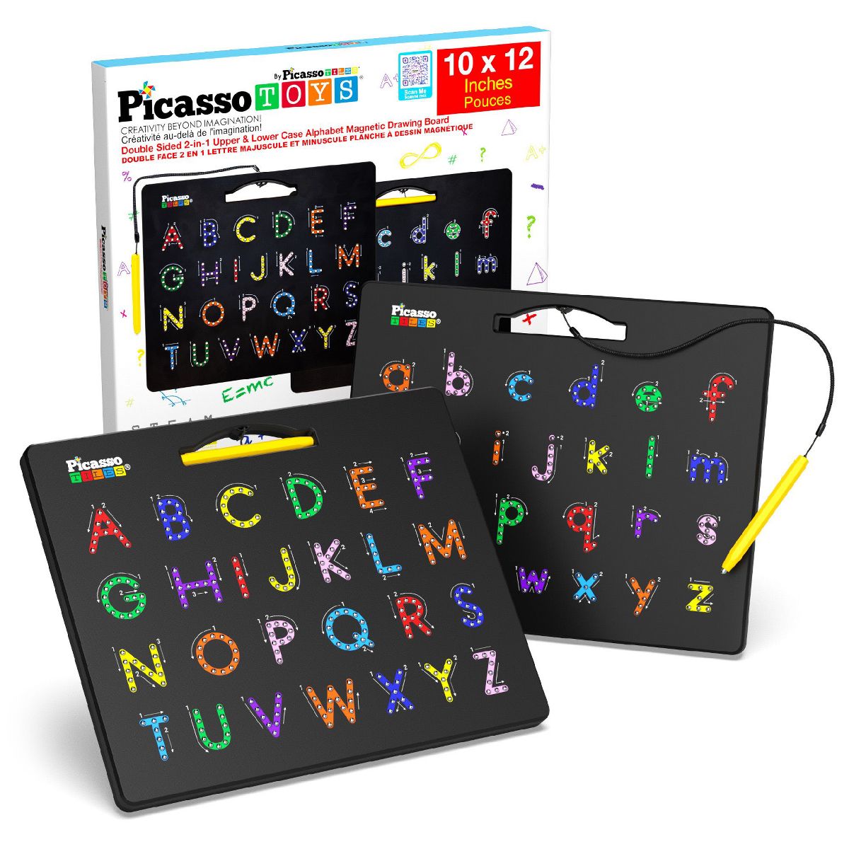 PICASSO-TILES 2-in-1 Magnetic Drawing Board 12x10 Inch Bead Pad with Alphabet & Math, STEM Educational Toy, Reusable Erasable Writing Tablet for Kids