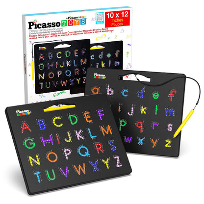 PICASSO-TILES 2-in-1 Magnetic Drawing Board 12x10 Inch Bead Pad with Alphabet & Math, STEM Educational Toy, Reusable Erasable Writing Tablet for Kids