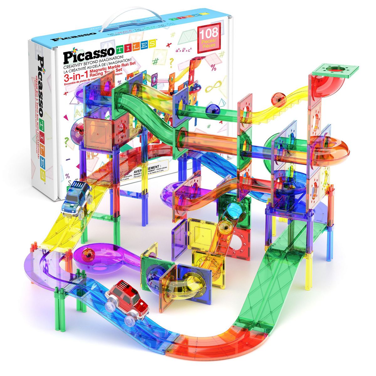PICASSO-TILES Marble Run Magnetic Tiles for Kids – 108PCS STEM Educational Construction Building Blocks Race Track Toy Set