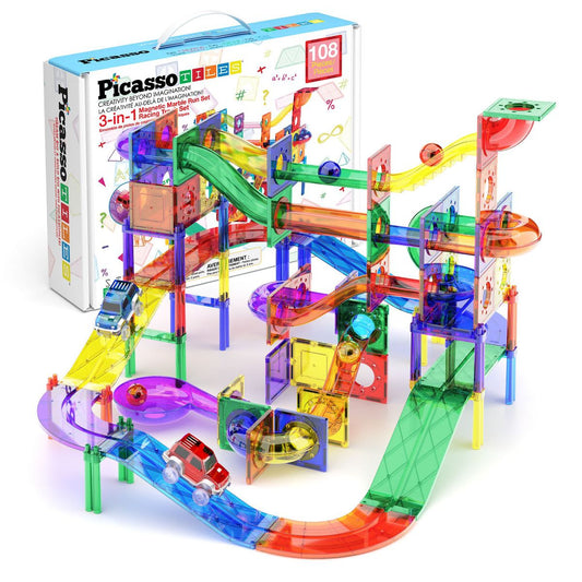 PICASSO-TILES Marble Run Magnetic Tiles for Kids – 108PCS STEM Educational Construction Building Blocks Race Track Toy Set