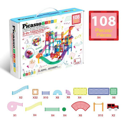 PICASSO-TILES Marble Run Magnetic Tiles for Kids – 108PCS STEM Educational Construction Building Blocks Race Track Toy Set