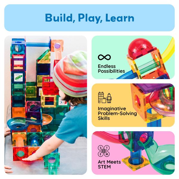 PICASSO-TILES Marble Run Magnetic Tiles for Kids – 100PCS STEM Educational Construction Building Blocks Race Track Creative Learning Toy Set