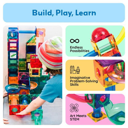 PICASSO-TILES Marble Run Magnetic Tiles for Kids – 100PCS STEM Educational Construction Building Blocks Race Track Creative Learning Toy Set