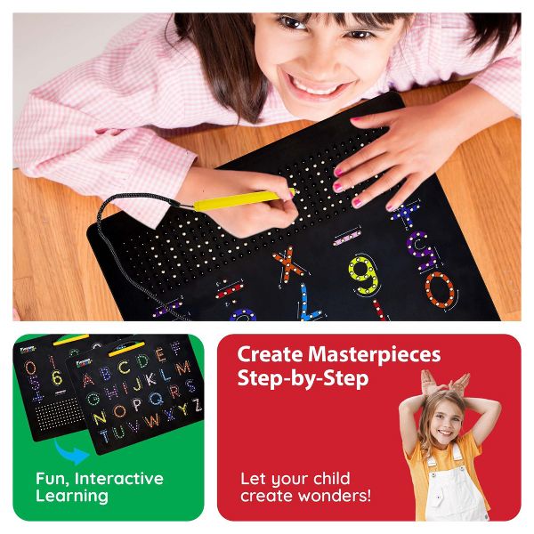 PICASSO-TILES 2-in-1 Magnetic Drawing Board 12x10 Inch Bead Pad with Alphabet & Math, STEM Educational Toy, Reusable Erasable Writing Tablet for Kids