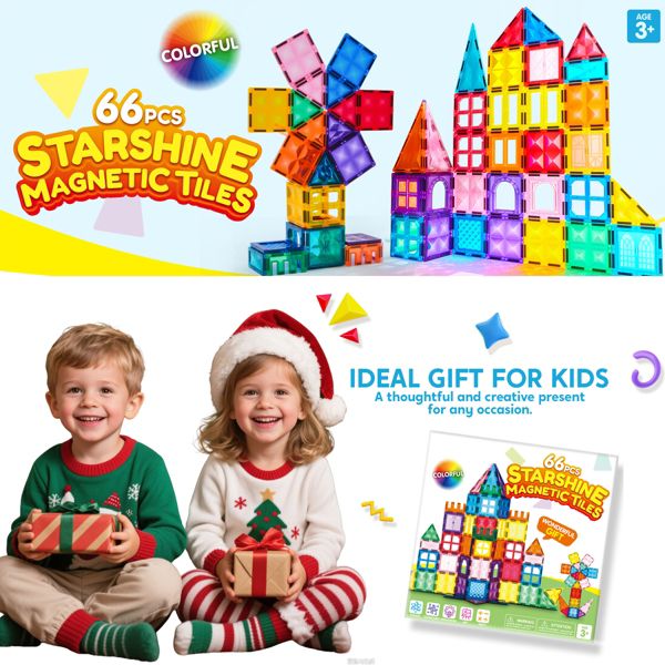 Joyfy 66PCS Magnetic Tiles Building Blocks for Kids Toddlers Construction STEM Toys Birthday Christmas Gift for 3 4 5 6 7 8 Year Old Boys & Girls