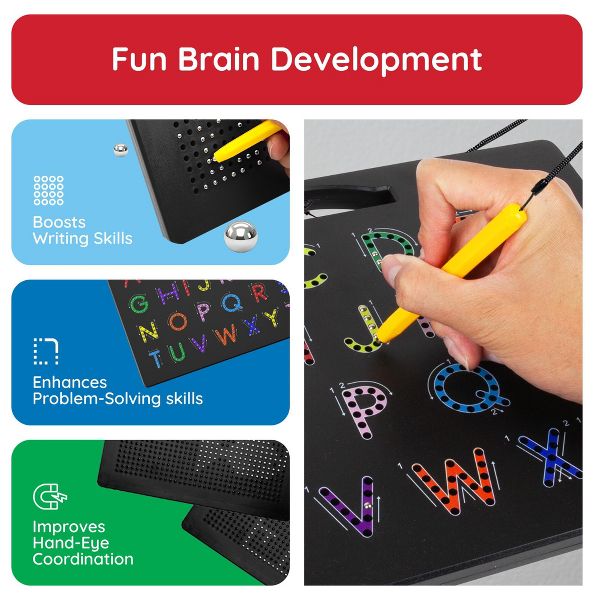 PICASSO-TILES 2-in-1 Magnetic Drawing Board 12x10 Inch Bead Pad with Alphabet & Math, STEM Educational Toy, Reusable Erasable Writing Tablet for Kids