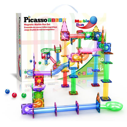 PICASSO-TILES Marble Run Magnetic Tiles for Kids – 100PCS STEM Educational Construction Building Blocks Race Track Creative Learning Toy Set