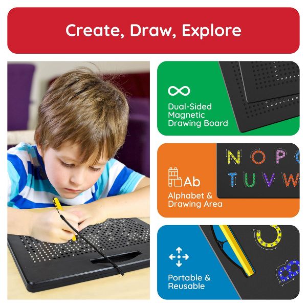 PICASSO-TILES 2-in-1 Magnetic Drawing Board 12x10 Inch Bead Pad with Alphabet & Math, STEM Educational Toy, Reusable Erasable Writing Tablet for Kids