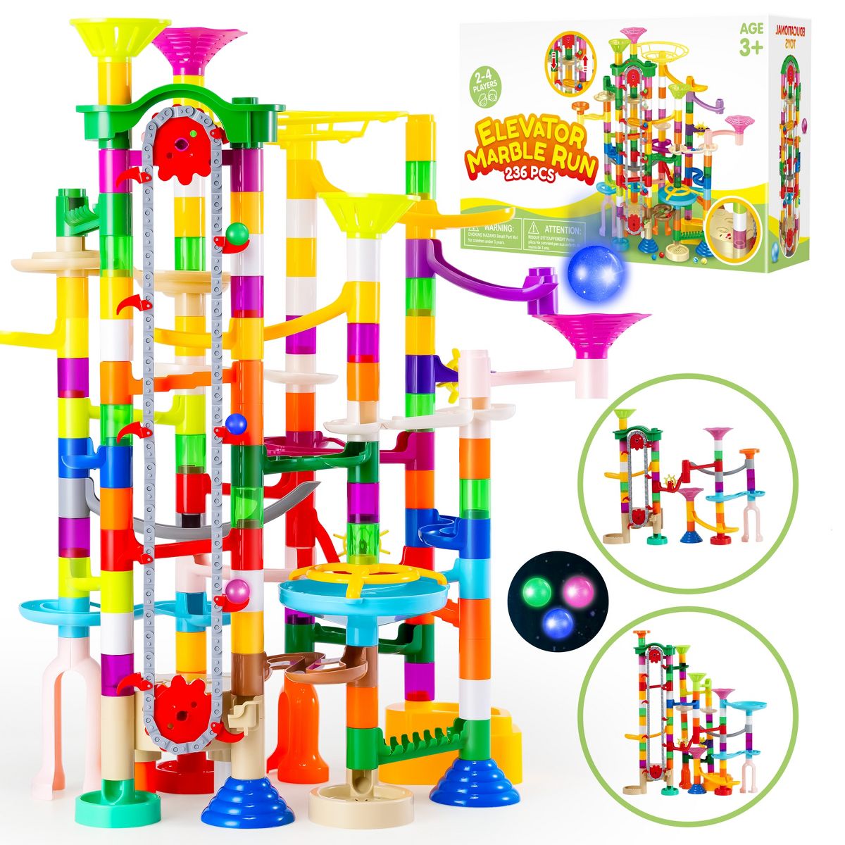 Joyfy 236Pcs Glowing Marble Run with Motorized Elevator for Kids Toddler Construction STEM Toys Easter Birthday Christmas Gifts for Boys Girls Age 3-8