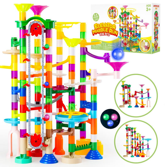 Joyfy 236Pcs Glowing Marble Run with Motorized Elevator for Kids Toddler Construction STEM Toys Easter Birthday Christmas Gifts for Boys Girls Age 3-8